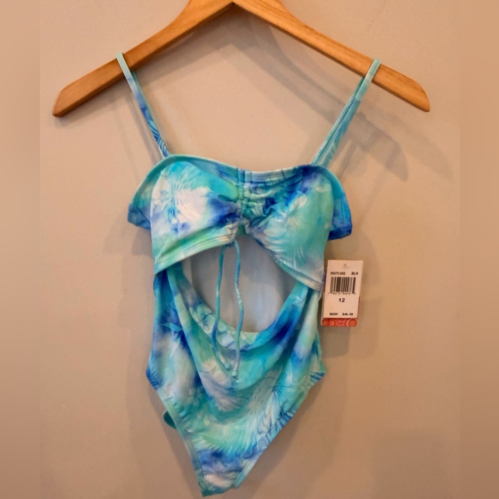 Hobie Girls One Piece‎ Swimsuit Blue Green Floral Cutout Adjustable Size 12 NWT